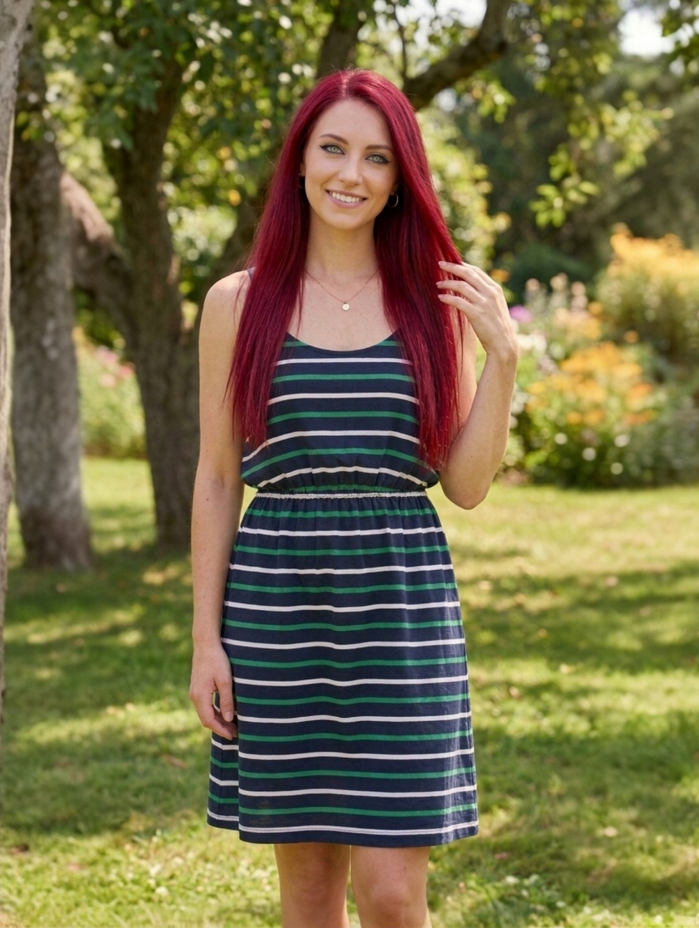 EUC J. Crew Navy & Green Striped Size XL Linen Blend Dress!